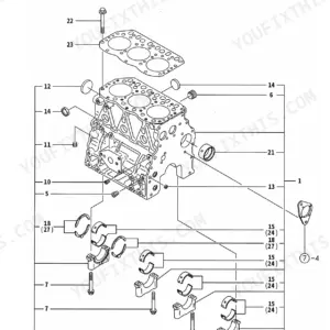 Yanmar 3TNE82A-ETB, 3TNV82A-QTB, QTB1, TB125 exploded view diagram of the engine cylinder block and main bearings.
