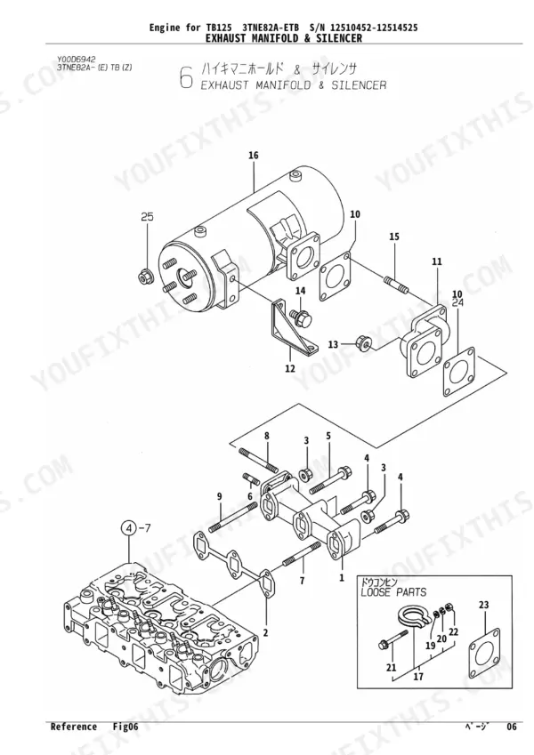 Yanmar 3TNE82A-ETB, 3TNV82A-QTB, QTB1, TB125 exploded view diagram of the exhaust manifold and silencer assembly.