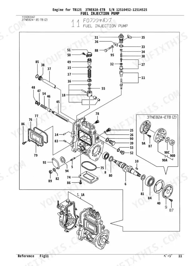 Yanmar 3TNE82A-ETB, 3TNV82A-QTB, QTB1, TB125 exploded view diagram of the fuel injection pump components and assembly.