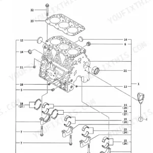 Yanmar 3TNE82A-TB exploded view of cylinder block assembly.