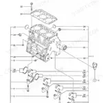 Yanmar 3TNE82A-TB, 3TNE82A-ETB, 3TNV82A-QTB, QTB1, TB125 exploded view diagram of the engine cylinder block assembly.