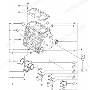 Yanmar 3TNE82A-TB, 3TNE82A-ETB, 3TNV82A-QTB, QTB1, TB125 exploded view diagram of the engine cylinder block assembly.