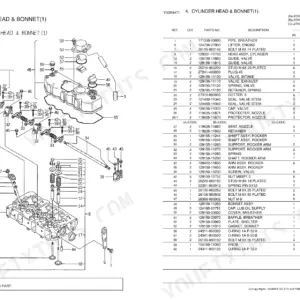 Yanmar 3TNE84-SA, 3TNE84-G1A, 3TNE84-G2A, 3TNE84C-G1A exploded view of cylinder head, bonnet, rocker arm, and valve components.