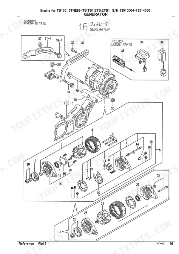 Yanmar 3TNE88-TB, 3TNE88-TB1, 3TNE88-ETB, 3TNE88-ETB1, TB135 exploded view diagram of the engine generator assembly.