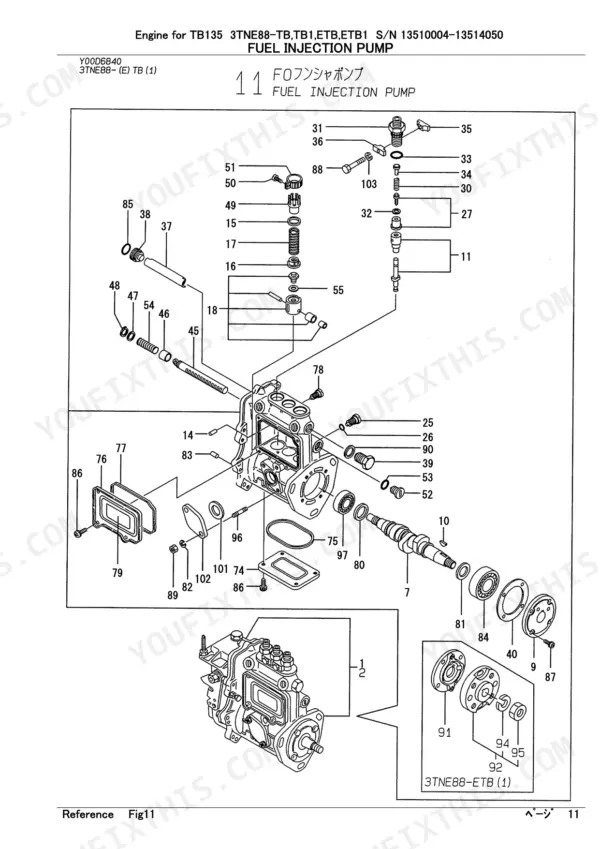 Yanmar 3TNE88-TB, 3TNE88-TB1, 3TNE88-ETB, 3TNE88-ETB1, TB135, TB1, ETB, ETB1, 3TNE88-TB(1), 3TNE88-ETB(1), 3TNE88-(E) TB (1) exploded view of fuel injection pump components.