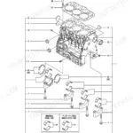 Yanmar 3TNV70-PTB1R, P-T215REAA cylinder block exploded view diagram showing main bearings, bolts, and engine block components.