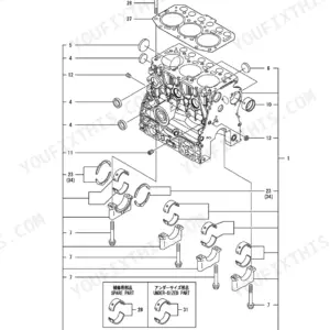 Yanmar 3TNV70-PTB1R, P-T215REAA cylinder block exploded view diagram showing main bearings, bolts, and engine block components.