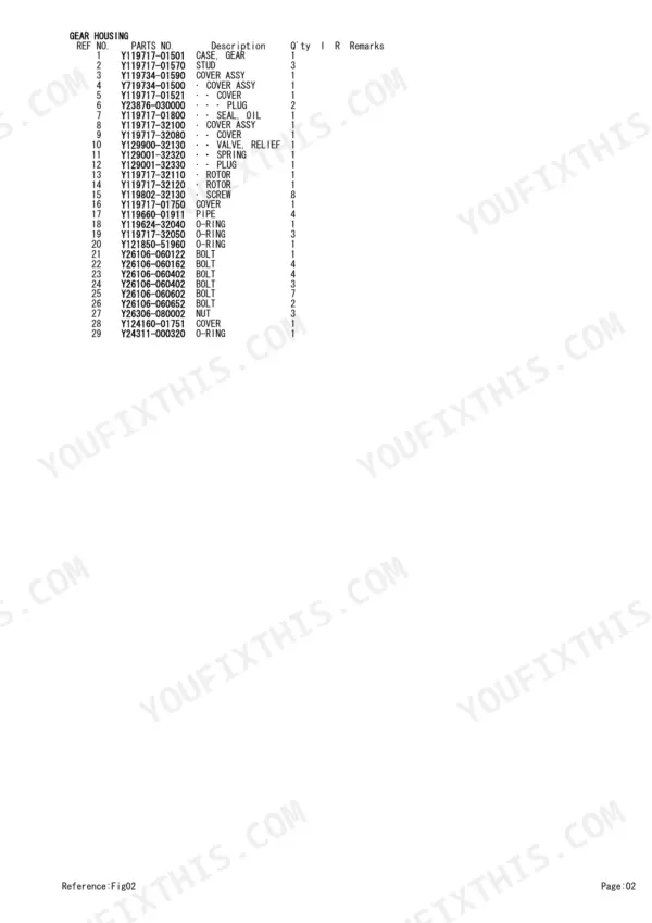 Yanmar 3TNV70-PTB1R, P-T215REAA gear housing parts list table with reference numbers, part numbers, and descriptions.