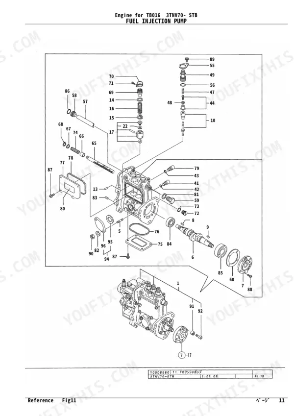 Yanmar 3TNV70- STB, TB016 exploded view diagram of fuel injection pump components with numbered parts list.