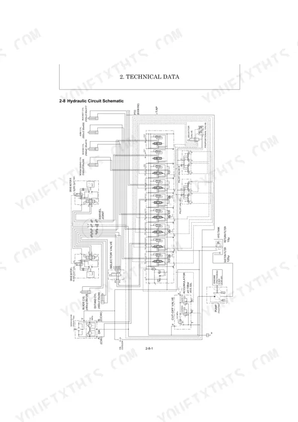 Yanmar 3TNV70-VBVA2, SK18 hydraulic circuit schematic showing pump, control valves, cylinders, and motor connections.