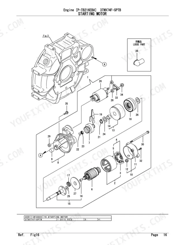 Yanmar 3TNV74F-SPTB, P-TB216EBA exploded view diagram of the starting motor assembly and housing components.