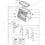 Yanmar 3TNV74F-SPTB, P-TB216EBA exploded view diagram of the cylinder block, main bearings, and head gasket components.