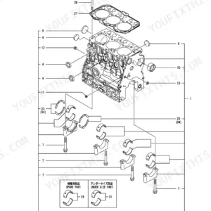 Yanmar 3TNV74F-SPTB, P-TB216EBA exploded view diagram of the cylinder block, main bearings, and head gasket components.