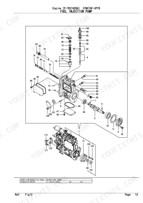 Yanmar 3TNV74F-SPTB, P-TB216EBA exploded view diagram of the fuel injection pump assembly with numbered components.