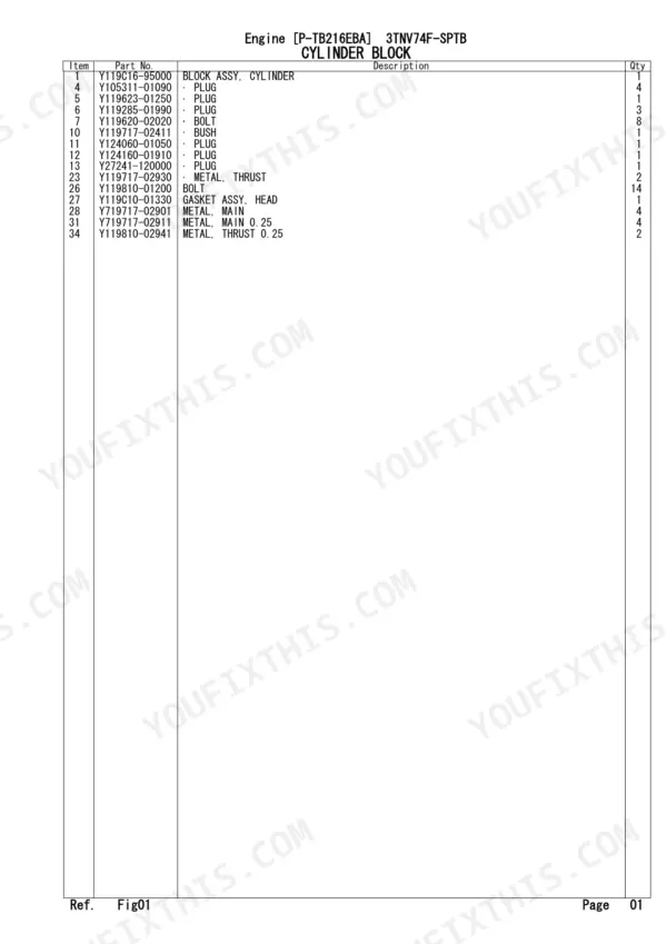 Yanmar 3TNV74F-SPTB, P-TB216EBA parts list table for cylinder block components, plugs, bolts, and main thrust metals.
