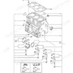 Yanmar 3TNV82A-BPTB, BPTB1, TB228 exploded view of cylinder block, main bearings, and head gasket components.
