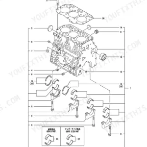 Yanmar 3TNV82A-BPTBZ, TB128FR cylinder block exploded view with main bearings.