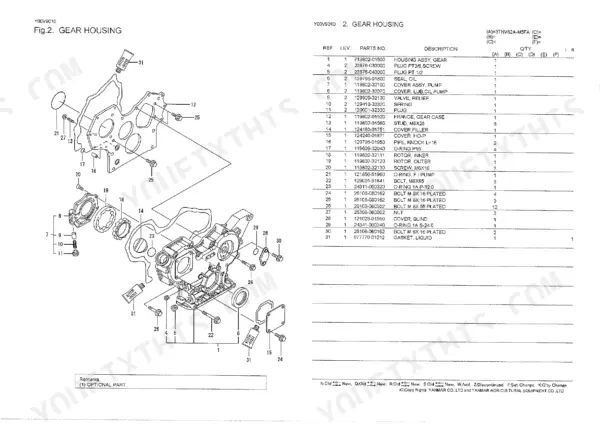 Yanmar 3TNV82A-M5FA gear housing exploded view diagram and parts list with reference numbers and descriptions.