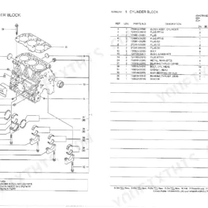 Yanmar 3TNV82A-M5FA cylinder block exploded view diagram and parts list with reference numbers for engine components.