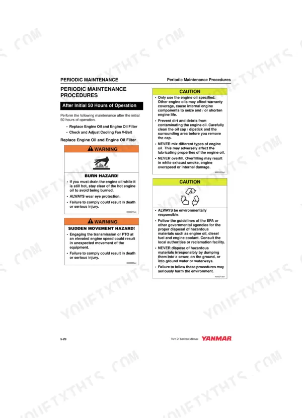 Yanmar TNV series service manual page for initial 50-hour periodic maintenance procedures, oil change, and safety cautions.