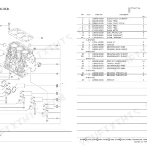 Yanmar 3TNV84T-XBL, 4JH-DT, 4JH-DTZ, 4JH-DTZA, 4JH-DTZY, 4JH-DTZP cylinder block exploded view and parts list table.