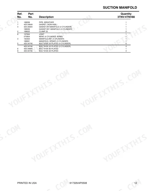 Yanmar 3TNV88-BKMS parts list table for suction manifold components.