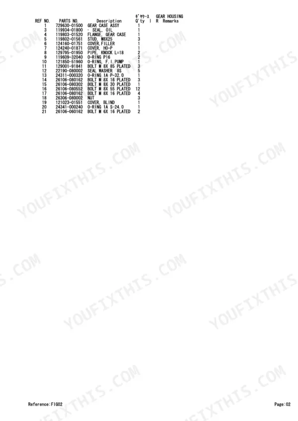Yanmar 3TNV88-BPTB2 parts list table for Gear Housing components including bolts, seals, and o-rings.