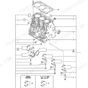 Yanmar 3TNV88-BPTBZ, TB138FR exploded view diagram of the cylinder block, main bearings, and head gasket components.