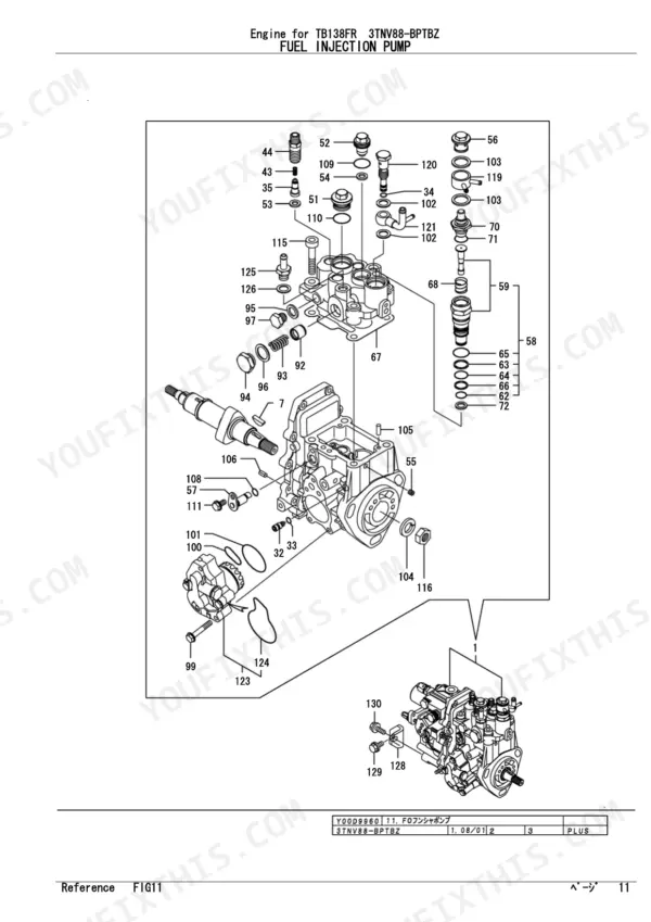 Yanmar 3TNV88-BPTBZ, TB138FR exploded view diagram of the fuel injection pump components and assembly parts.