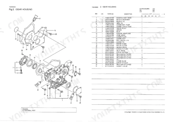 Yanmar 3TNV88-N5FA gear housing exploded view diagram and parts list with reference numbers for oil pump and cover components.