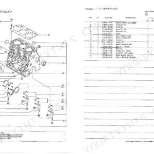 Yanmar 3TNV88-N5FA cylinder block exploded view diagram and parts list with reference numbers and descriptions.