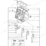 Yanmar 3TNV88F-EPTB, 3TNV88F-EPTB1, P-TB230_FEOA cylinder block exploded view showing main bearings, bolts, and head gasket.