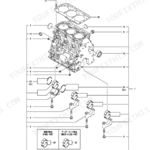 Yanmar 3TNV88F-EPTB, 3TNV88F-EPTB1, P-TB230_FEOA cylinder block exploded view showing main bearings, bolts, and head gasket.