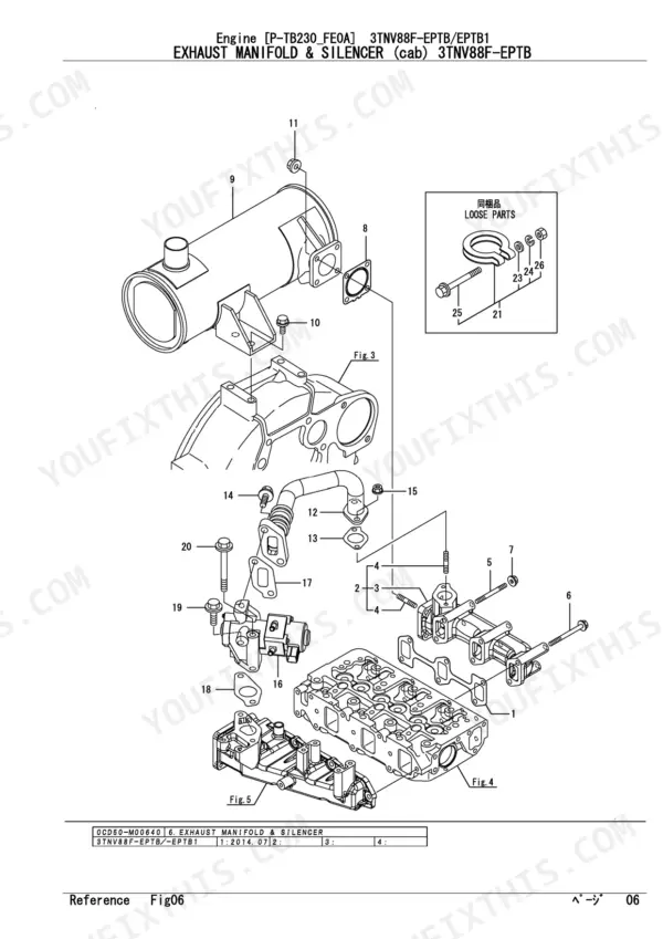 Yanmar 3TNV88F-EPTB, 3TNV88F-EPTB1, P-TB230_FEOA exploded view of exhaust manifold and silencer assembly.