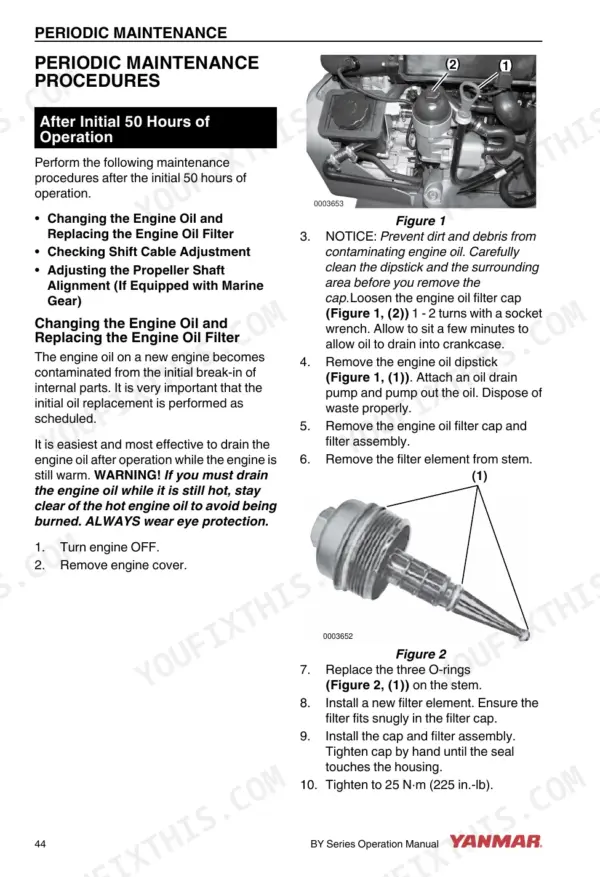 Yanmar 4BY150/150Z, 4BY180/180Z, 6BY220/220Z, 6BY260/260Z, 4BY, 6BY periodic maintenance procedure for engine oil and filter change.