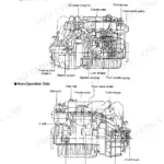 Yanmar 4JH3-TE, 4JH3-HTE, 4JH3-DTE engine component diagrams showing operation and non-operation side part names.