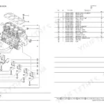 Yanmar 4JH4AE cylinder block exploded view diagram and parts list with main bearings, head bolts, and plugs.