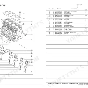 Yanmar 4JH4AE cylinder block exploded view diagram and parts list with main bearings, head bolts, and plugs.