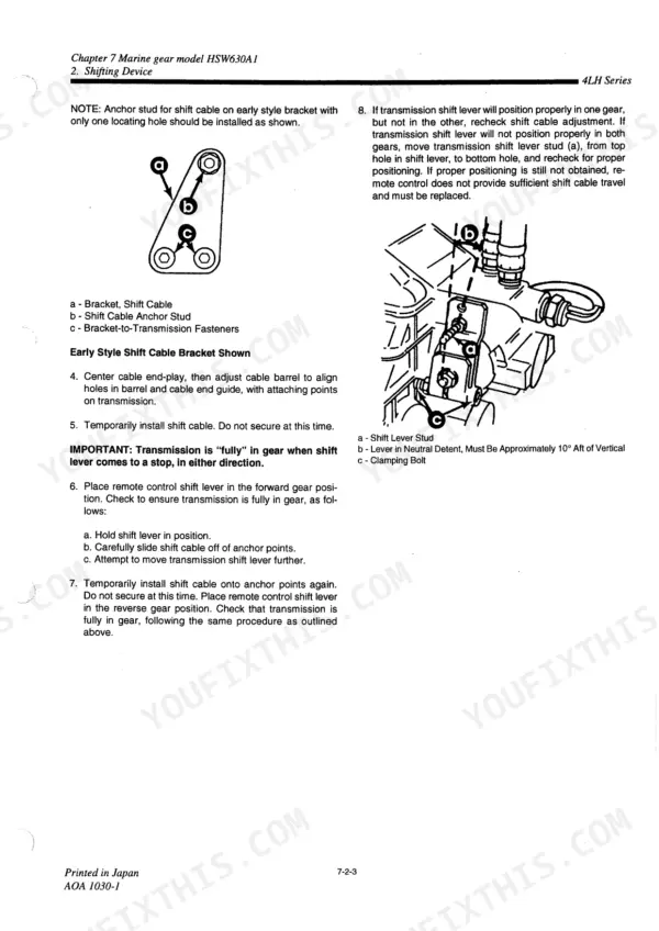 Yanmar 4LH series HSW630A1 marine gear shifting device adjustment procedures and cable bracket diagrams.