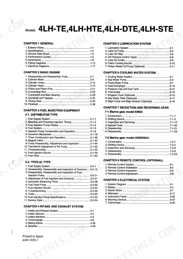Yanmar 4LH series service manual table of contents listing chapters 1 through 9 for engine systems and components.