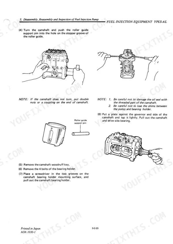 Yanmar 4LH series fuel injection pump YPES-AL disassembly and camshaft removal procedure diagrams.