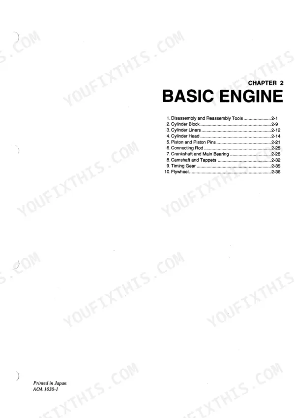 Yanmar 4LH series service manual Chapter 2 Basic Engine table of contents listing cylinder block, head, and piston components.