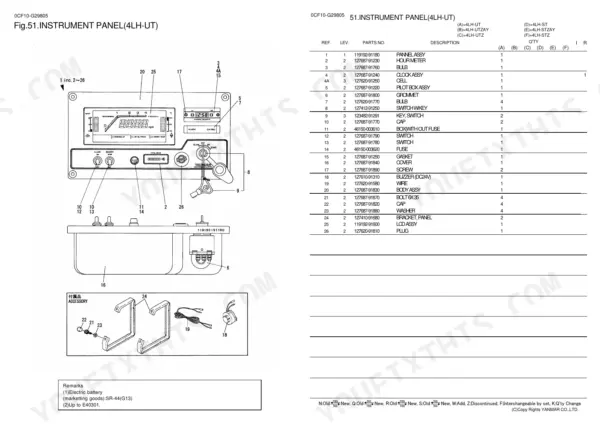 Yanmar 4LH-UT, 4LH-UTZAY, 4LH-UTZ, 4LH-ST, 4LH-STZAY, 4LH-STZ, 0CF10-G29805 instrument panel exploded view and parts list.