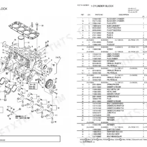 Yanmar 4LH-UT, 4LH-UTZAY, 4LH-UTZ, 4LH-ST, 4LH-STZAY, 4LH-STZ, 0CF10-G29805 cylinder block exploded view and parts list.