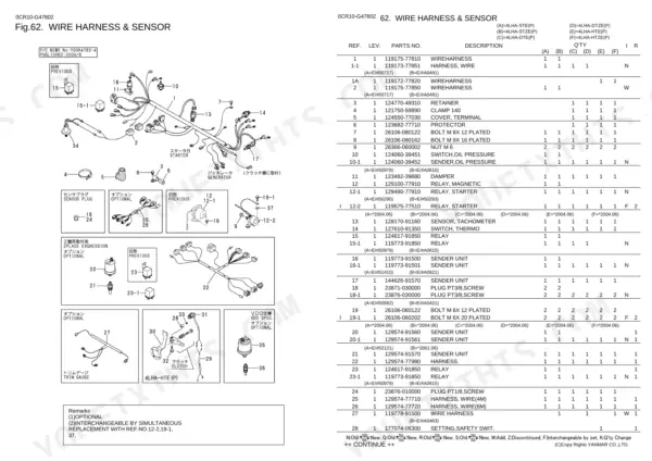 Yanmar 4LHA Series wire harness and sensor parts diagram and list.
