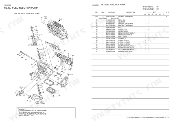 Yanmar 4TN100E-GB1 fuel injection pump parts list
