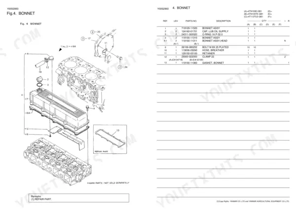 Yanmar 4TN100E-GB1 bonnet parts diagram