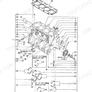 Yanmar 4TN100L-RB, 4TN100L-RB (B7) exploded view diagram of the cylinder block, including bearings and head gasket.