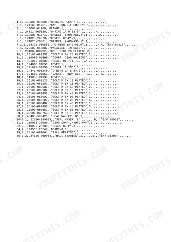 Yanmar 4TN100L-RB, 4TN100L-RB (B7) parts list for gear housing, covers, bolts, and hydraulic pump gear components.