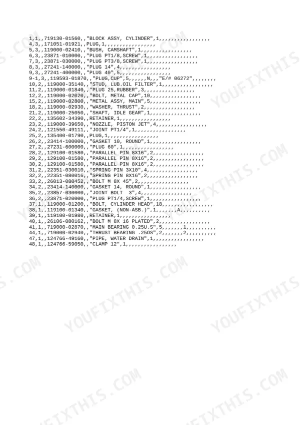Yanmar 4TN100L-RB, 4TN100L-RB (B7) parts list for cylinder block assembly, including bolts, plugs, and bearings.